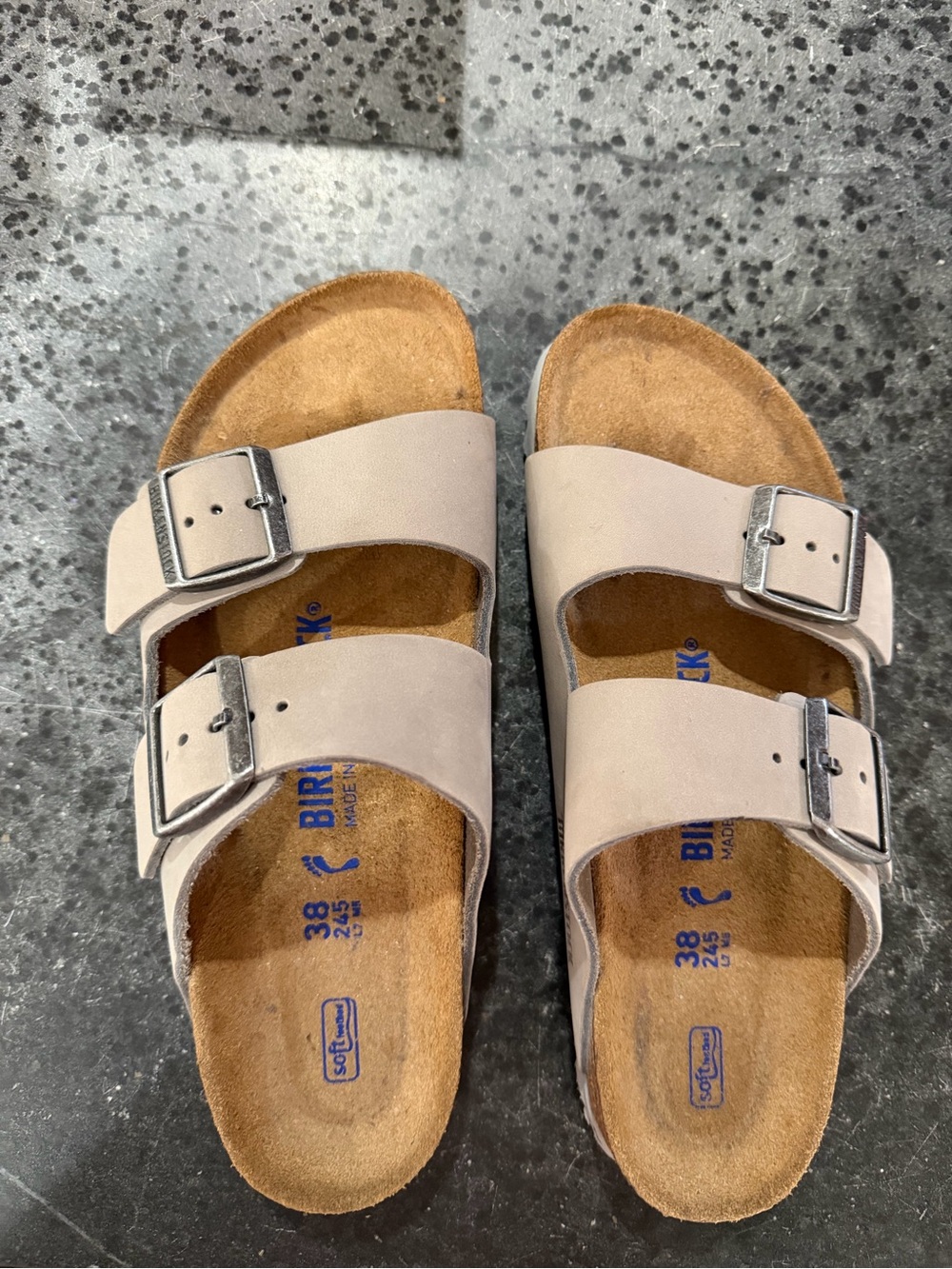Like new Birkenstock Arizona Taupe Double Strap Sandals with Silver Buckles